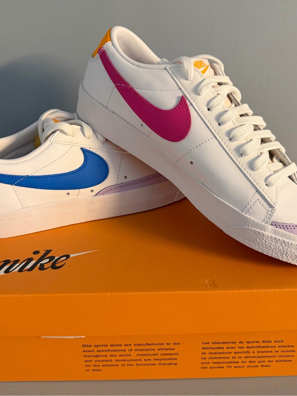 Nike Women's White Leather Sneakers with Pink & Blue Swooshes